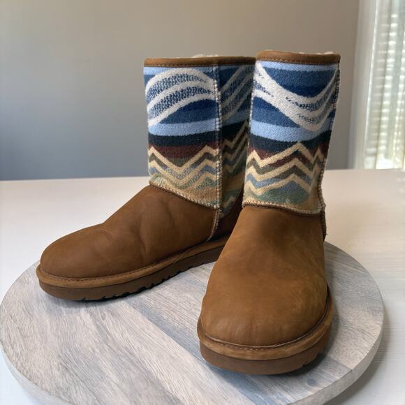 UGG Women's Pendleton Southwest Aztec Shearling Brown Leather Boots US Size 8 - Picture 4 of 10